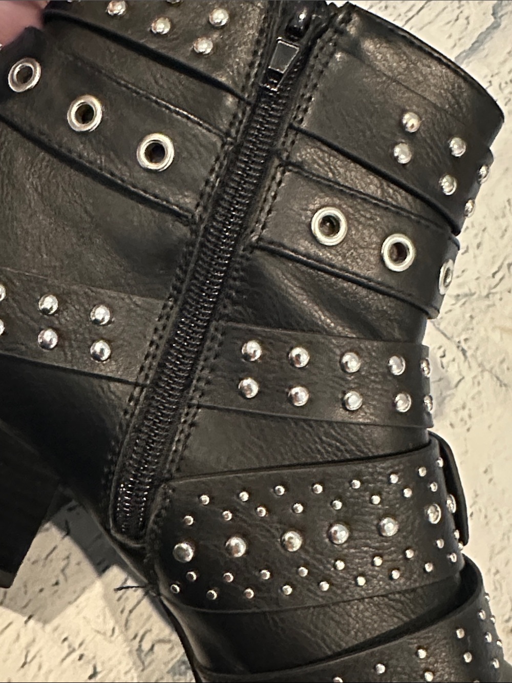 Fergalicious Studded Black Leather Ankle Boots with Buckle Straps - Picture 5 of 10